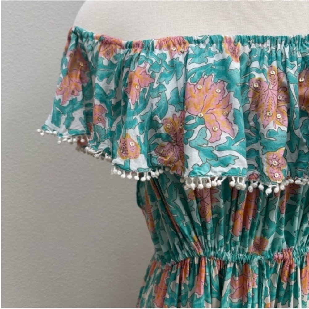 Miss June Boho Maxi Dress Floral Tiered Off Shoulder Teal Green Coral One Size - Picture 5 of 16